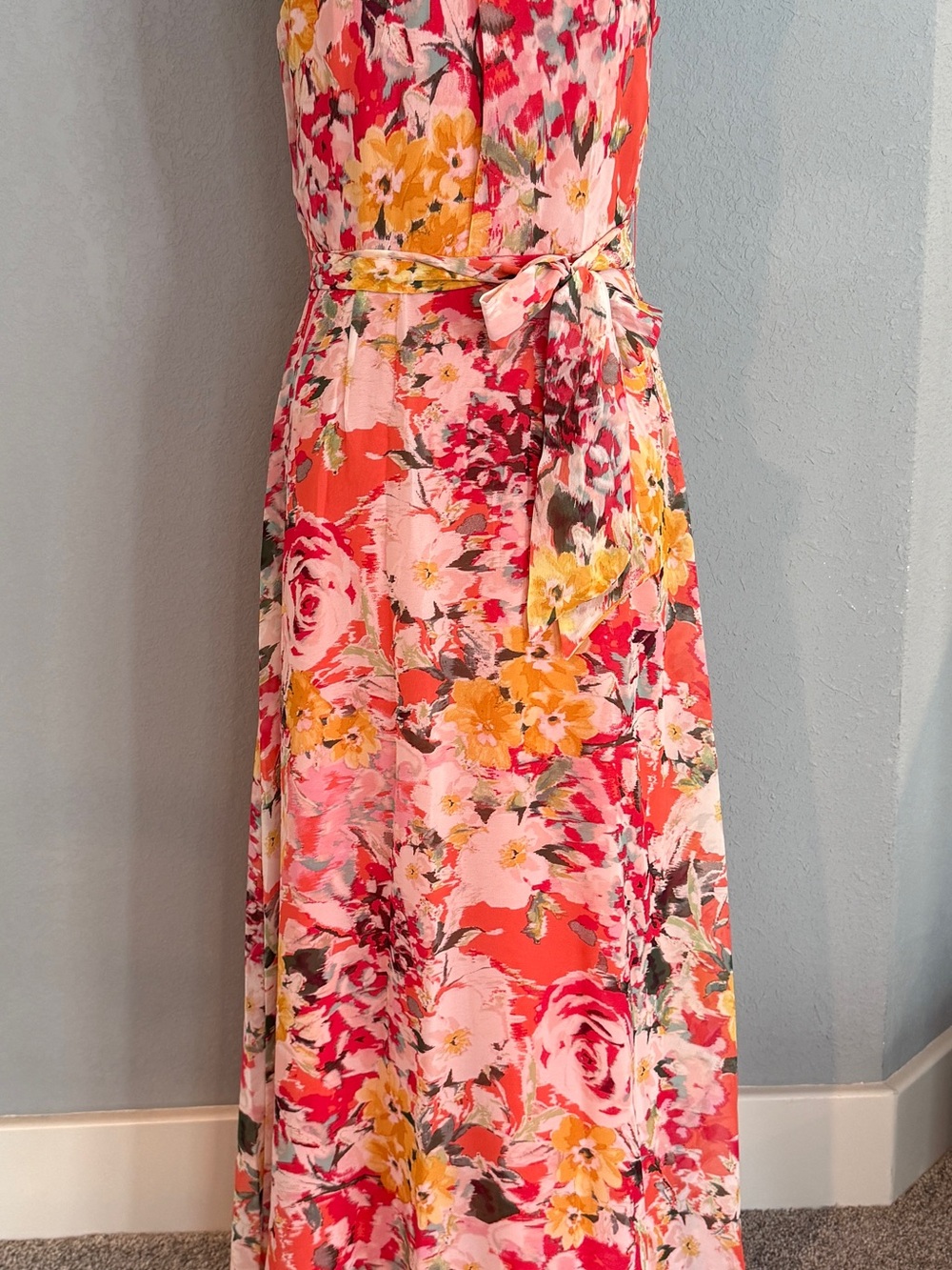 R&K Pink and Coral Floral Maxi Dress with Tie Waist